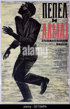 Ashes and Diamonds (Polnisch Popiół i diament) ist ein polnischer Spielfilm von Andrzej Wajda aus dem Jahr 1958. Filmplakat in russischer Sprache. Stockfoto