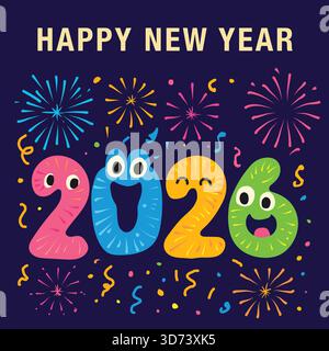 Eine fröhliche und farbenfrohe Silvester 2026-Illustration mit verspielten Zeichentricknummern und ausdrucksstarken Gesichtern. Umgeben von lebhaftem Feuerwerk, Konfetti, Stock Vektor