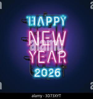 Frohes neues Jahr 2026. Eine künstlerische Neondarstellung und detaillierte Darstellung des Neujahrs 2026 Stock Vektor