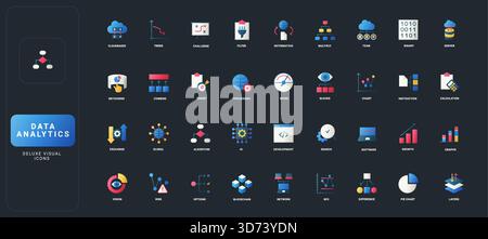 Flache Symbole im Farbverlauf mit Datenanalyse, Big Data, KI, Blockchain, Cloud, Diagramme und Netzwerkkonzepte auf dunkler UI-Hintergrundvektorillustration. Stock Vektor
