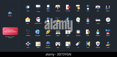 Flache Symbole im Farbverlauf mit digitaler Technologie, intelligenten Geräten, Cloud-Computing, KI, Sicherheit, und Online-Kommunikation auf dunkler UI-Hintergrund-Vektorillustration. Stock Vektor