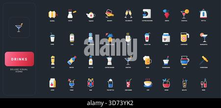 Flache Symbole im Farbverlauf mit verschiedenen Getränke- und Getränkesymbolen, einschließlich Alkohol, Kaffee, Tee, Saft, und Barware auf dunkler UI Hintergrund Vektor Illustration. Stock Vektor