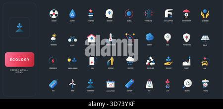 Flache Symbole für Verläufe mit Ökologie, Energie, Wasser, Recycling, Umwelt, Nachhaltigkeits-, Wissenschafts- und Technologiekonzepte auf dunkler UI-Hintergrundvektorillustration. Stock Vektor