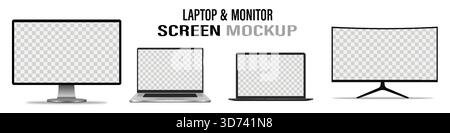 Mock-UPS Gadgets Sammlung Smartphone, PC, Tablet, Laptop, leerer Bildschirm für Ihr Design. Seite und Oben, isometrische Ansicht. Modellerstellung generisches Gerät. Vorlage Stock Vektor
