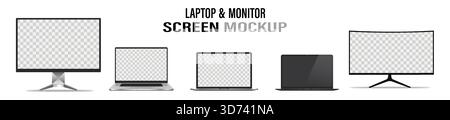 Mock-UPS Gadgets Sammlung Smartphone, PC, Tablet, Laptop, leerer Bildschirm für Ihr Design. Seite und Oben, isometrische Ansicht. Modellerstellung generisches Gerät. Vorlage Stock Vektor