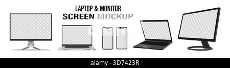 Mock-UPS Gadgets Sammlung Smartphone, PC, Tablet, Laptop, leerer Bildschirm für Ihr Design. Seite und Oben, isometrische Ansicht. Modellerstellung generisches Gerät. Vorlage Stock Vektor