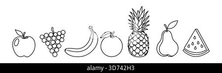 Streichen Sie Früchte auf weißem Hintergrund. Kontinuierliche Linie Echo Ananasbanane, Zitrusfrüchte, Birnen und Graphe, Trends Monoline healtii Lebensmittel. Bearbeitbare Kontur Stock Vektor