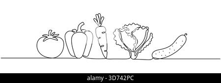 Durchgehende, einzeilige Zeichnung des Gemüsesatzes. Eine Strichzeichnung für eine Reihe reifer Gemüsesorten. Gemüse, frisches Gemüse, Konzeptlinie A Stock Vektor
