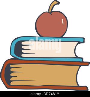 Ein Buch mit einem Apfel drauf. Der Apfel ist rot und glänzend Stock Vektor