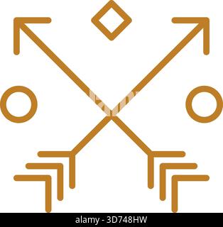 Zwei Pfeile, die in entgegengesetzte Richtungen zeigen, mit einem Diamanten in der Mitte. Die Pfeile sind in Goldfarbe gezeichnet, und der Diamant ist ebenfalls Gold. Szene ist Stock Vektor