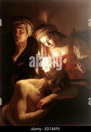 HONTHORST, Gerrit van (* 1590, Utrecht, d. 1656, Utrecht) Samson und Delilah um 1615 Öl auf Leinwand, 129 x 94 cm Museum of Art, Cleveland das Auftauchen von bisher unbekannten Bildern aus italienischer Zeit von Gerrit van Honthorst, zwei davon, die die Verhöhnung Christi (Privatsammlung und Los Angeles County Museum of Art) darstellen, und ein drittes, Christus gekrönt mit Thorns (J. Paul Getty Museum, Los Angeles), hat unsere Sicht der frühen römischen Künstlerin verändert. Es ist nun möglich, dass Samson und Delilah auf etwa 1615 datiert werden sollten. Diese neuen Werke helfen uns Stockfoto
