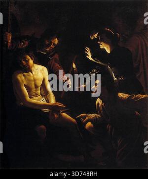 HONTHORST, Gerrit van (* 1590, Utrecht, d. 1656, Utrecht) The Spocking of Christ c. 1616 Öl auf Leinwand, 197 x 171 cm Privatsammlung dieses Gemälde ist eng verwandt mit einem anderen Werk von Honthors, einer horizontalen Version desselben Themas in Los Angeles. Da in beiden Bildern einige der gleichen Ausdrucksmittel zu finden sind - zum Beispiel die Art und Weise, wie die gestreckte Hand des stehenden Gespensters, der eine Kerze hält, seinen Schatten auf sein Gesicht wirft -, waren beide wahrscheinlich relativ zeitnah ausgeführt worden. --- Schlüsselwörter: ----------------- Autor: HONTHORST, Gerrit van Title: The Spocking of C Stockfoto