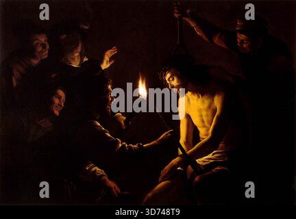HONTHORST, Gerrit van (* 1590, Utrecht, d. 1656, Utrecht) The Spocking of Christ c. 1617 Oil on Canvas, 146 x 207 cm Los Angeles County Museum of Art, Los Angeles dieses Gemälde ist eng mit einem anderen Werk von Honthors verwandt, einer vertikalen Version desselben Themas in einer Privatsammlung. Da in beiden Bildern einige der gleichen Ausdrucksmittel zu finden sind - zum Beispiel die Art und Weise, wie die gestreckte Hand des stehenden Gespensters, der eine Kerze hält, seinen Schatten auf sein Gesicht wirft -, waren beide wahrscheinlich relativ zeitnah ausgeführt worden. Die Größe der Leinwand deutet darauf hin, dass es sich um eine Publi handelte Stockfoto