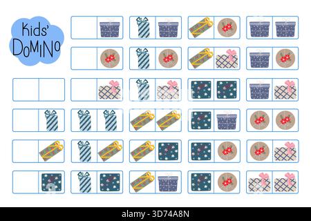 Weihnachtsgeschenkboxen Domino für Kinder, Lernen Winterferien Spaß pädagogische Aktivität für die Entwicklung von Logik-Denken, helle Illustration druckbares Arbeitsblatt für Gruppenbrettspiel, Lehrerressourcen Stock Vektor