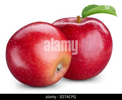 Roter Apfel mit Blättern isoliert auf weiß. Schnittpfad für reife frische Äpfel Stockfoto