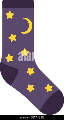 Eine lila Socke mit Sternen und einem Halbmond drauf. Die Socke ist im Cartoon-Stil gezeichnet Stock Vektor