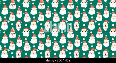 Niedliches nahtloses Weihnachtsvektormuster mit Weihnachtsmann Gesichtern auf grünem Hintergrund für Weihnachtsverpackungspapier und -Designs Stock Vektor