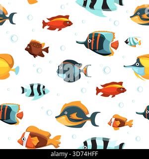 Eine bunte Auswahl an Fischen, die in einem Muster auf weißem Hintergrund schwimmen. Die Fische haben verschiedene Größen und Farben, was eine lebendige und lebendige Szene schafft Stock Vektor