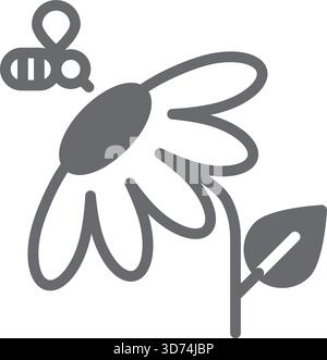 Eine Biene schwebt über einer verwelkten Blume. Die Blüte ist verwelkt und herabhängend, ihre Blütenblätter fallen ab. Die Biene wird auf einfache, stilisierte Weise gezogen, wi Stock Vektor