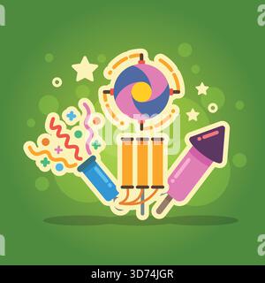 Ein grüner Hintergrund mit einem Stern und einer Rakete darauf. Die Rakete ist von einem Feuerwerk umgeben und ein Feuerwerk befindet sich ebenfalls auf der rechten Seite der Rakete Stock Vektor