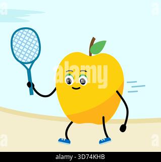 Süßer Apfel. apple spielt Tennis. Das Konzept eines Fitnessstudios, Gesundheit, Fitness, Cartoon. Stock Vektor