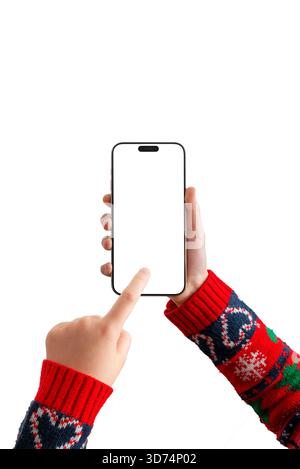 Hände halten Smartphone mit leerem Bildschirm auf weißem Hintergrund, ideal für App-Mockups, UI-Präsentationen, Produktpräsentationen Stockfoto