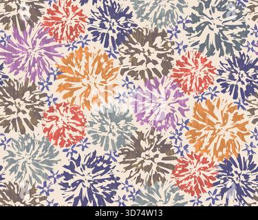 Nahtloses Retro-Muster abstrakter Asterblumen oder Feuerwerk. Abstraktes, nahtloses Vintage-Blumenmuster. Stockfoto