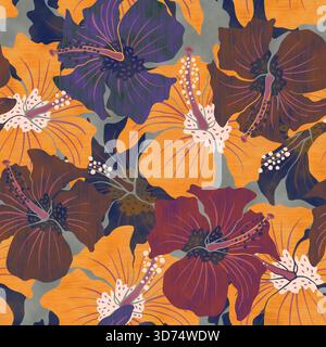 Nahtloses Vintage-Muster mit farbenfrohen Hibiskus. Retro-Blumenmuster mit Hibiskus Stockfoto