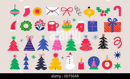 Farbenfrohe Retro-Kollektion mit weihnachtlichen Ikonen. Weihnachtsbäume, Ornamente, Schneemänner und andere Weihnachtselemente. Stock Vektor