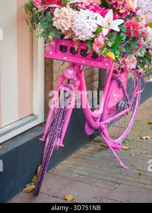 Ein leuchtendes rosafarbenes Fahrrad mit vielen Blumen lehnt sich an eine pastellfarbene Wand. Es ist früh am Morgen und zeigt die Schönheit der Natur und der Natur Stockfoto