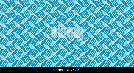 Blauer und weißer Hintergrund. Meer-, See- oder Flusswasserdruck. Wellenmuster. Aqua-Textur. Maritimes Ornament. Sommertapete. Schwimmbecken oder Aquarium, Flüssigkeitsmuster. Illustration der Vektorabwicklung. Stock Vektor