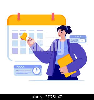 Beschäftigte Frau, die auf Kalenderdatum Vektor-Illustration zeigt Stock Vektor