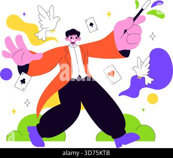 Magician Vector Illustration mit Illusionist, der Tricks beschwört und einen Zauberstab über seinem geheimnisvollen Hut auf einer Bühne in flachem Cartoon Hintergrund winkt Stock Vektor