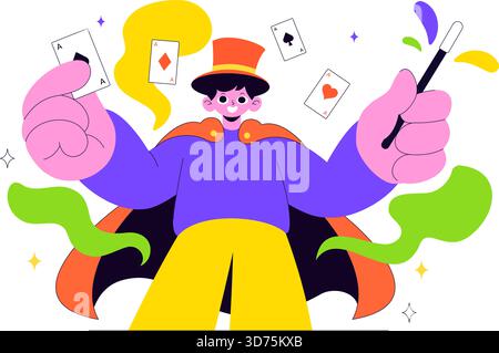 Magician Vector Illustration mit Illusionist, der Tricks beschwört und einen Zauberstab über seinem geheimnisvollen Hut auf einer Bühne in flachem Cartoon Hintergrund winkt Stock Vektor
