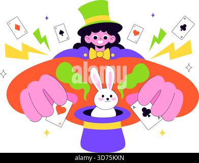 Magician Vector Illustration mit Illusionist, der Tricks beschwört und einen Zauberstab über seinem geheimnisvollen Hut auf einer Bühne in flachem Cartoon Hintergrund winkt Stock Vektor