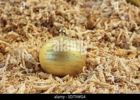 Ein goldfarbenes Ornament sitzt auf einem Haufen Holzspäne. Das Ornament ist von Holzspänen umgeben. Mexiko, Puebla, Chignahuapan, Decorati Stockfoto