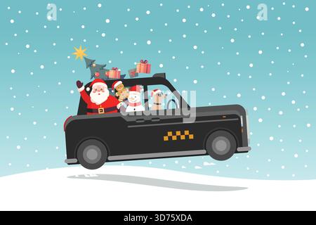 Weihnachtsgrußkarte süßer Weihnachtsmann und Schneemann im britischen Taxi Auto. Vektorabbildung Stock Vektor