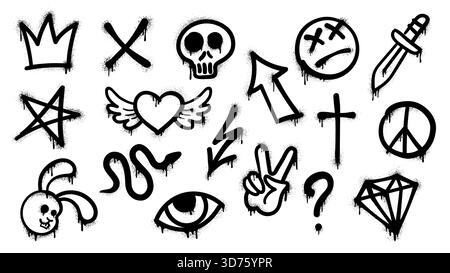 Grunge Street Art Graffiti Spray, Tinte Farbe Vektor Icons Set. Schwarze urbane Kulturelemente. Schlange, Schädel, Krone und Kaninchenkopf, Blitz, Fragezeichen und geflügeltes Herz. Auge, Stern und Kreuz Stock Vektor
