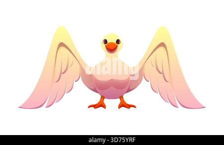 Zeichentrickbuchstabe M als Vogelfigur mit offenen Flügeln, orangefarbenem Schnabel und fröhlichem Ausdruck. Vektor-Landwirtschaft Schriftart, Bauernhof Schriftart, Ernteart, lustiges englisches Alphabet als freundliches und niedliches Tier Stock Vektor