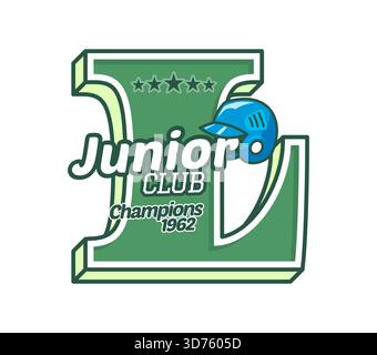 Varsity Sport-Patch-Label, Clubemblem mit grünem Buchstaben L mit Sternen, Text Junior Club Champions 1962 und blauem Schutzhelm. Isolierte Vektor-Retro-Abzeichen für College-athletische Identität Stock Vektor