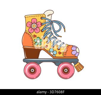Cartoon Retro 80er Jahre grooviger Rollschuhaufkleber oder -Symbol. Retro Hippie Patch, 70er Jahre 80er Jahre funky Vektor Tag. Vintage-Plakate mit groovigem Aufkleber oder Etikett mit Retro-Rollschuhschuh Stock Vektor