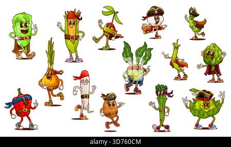 Cartoon groovige Piraten- und Korsair-Gemüsefiguren, Vektor y2k-Bauernhof-Essen. Lustiges Gemüse aus Mais, Spargel, Pfeffer und Zwiebeln, Oliven und Pilzen. Groovige Kartoffeln- und Rettich-Piratengemüse Stock Vektor