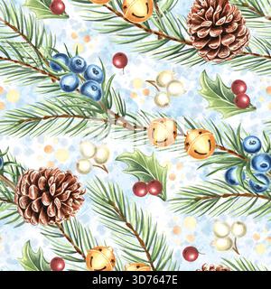 Tannenzweige in Aquarellfarben mit nahtlosem Muster von Kegeln und Beeren für weihnachtliches Design. Handgezeichnete Illustrationen aus Fichtenzweigen für die Dekoration im Winterurlaub Stockfoto