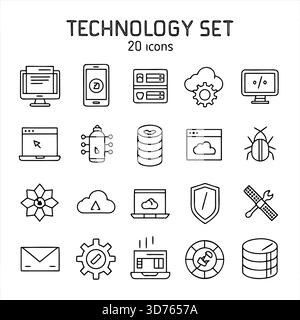 Minimalistisches Schwarz-weiß-Tech-Symbolset – Line-Art, UI-fähig, 20 Symbole für Cloud, KI, Sicherheit Stock Vektor