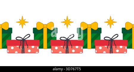 Ein festliches nahtloses Vektormuster mit stilvollen Geschenkboxen in Rot und Grün mit Schleifen und funkelnden gelben Sternen. Diese fröhliche de Stock Vektor