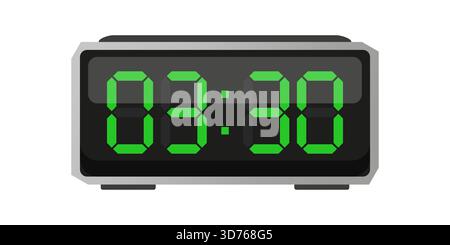 Digitaler Wecker. Dreißig Mal. Zeit 03 30. Vektor für grüne Zahlen. Stock Vektor