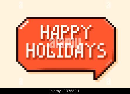 Pixel Art Happy Holidays Sprechblase. Weißer Text auf rotem Hintergrund. Stock Vektor