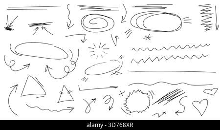 Pfeile, Kreise und Spiralen, Schwarzweiß-Skizze. Vektorabbildung. Pfeile, Kreuze, Quadrate und Herzen sind eine einfache Zeichnung, isoliert auf einem Witz Stock Vektor