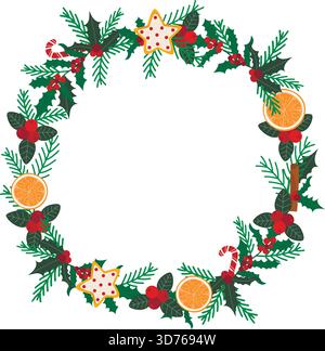 Runder Rahmen für festliche Weihnachten oder Silvester. Rand von stechpalmen-, Misteln-, Beeren-, Orangen- und Tannenzweigen. Leere Vorlage, Vektorgrafik Stock Vektor