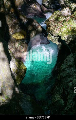 Wunderschönes türkisfarbenes Wasser, das durch die kristallklare Schlucht des Flusses Mostnica in Slowenien fließt. Hochwinkelansicht. Stockfoto